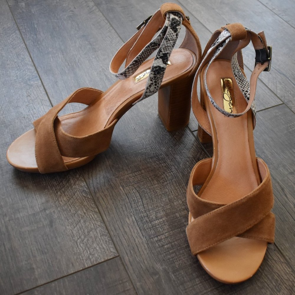 Halogen Suede Leather Strap Sandal Heels with Faux Snake Print Ankle Str…